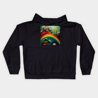 Fish swimming next to a rainbow flower Kids Hoodie